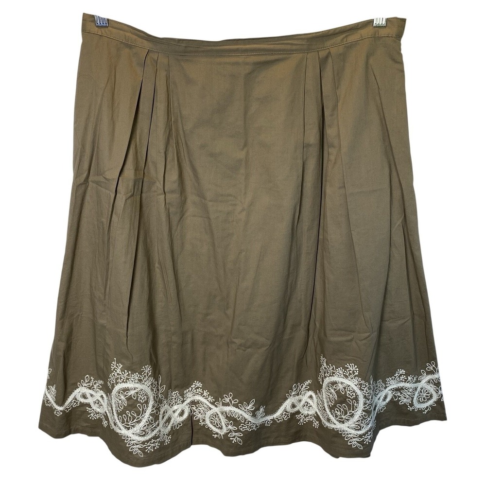 Coldwater Creek Women's Tan Embroidered A-Line Midi Skirt Large Cotton Cottage